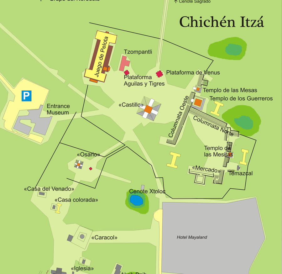 Site plan of the monumental core of Chichén Itzá, labelled in Spanish: Juego de Pelota and the Castillo in the centre, Templo de los Guerreros to the east, the Osario and Caracol to the south-west, and an arrow marking the Cenote Sagrado to the north