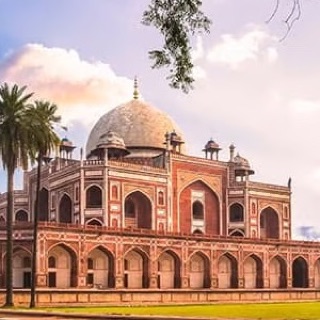 Humay’s Tomb in Delhi, its white dome framed by palms and overhanging branches