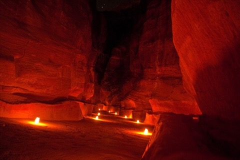 Lanterns along the Siq at night