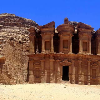 The rock-cut facade of ad-Dayr, the Monastery, on its cliff above Petra
