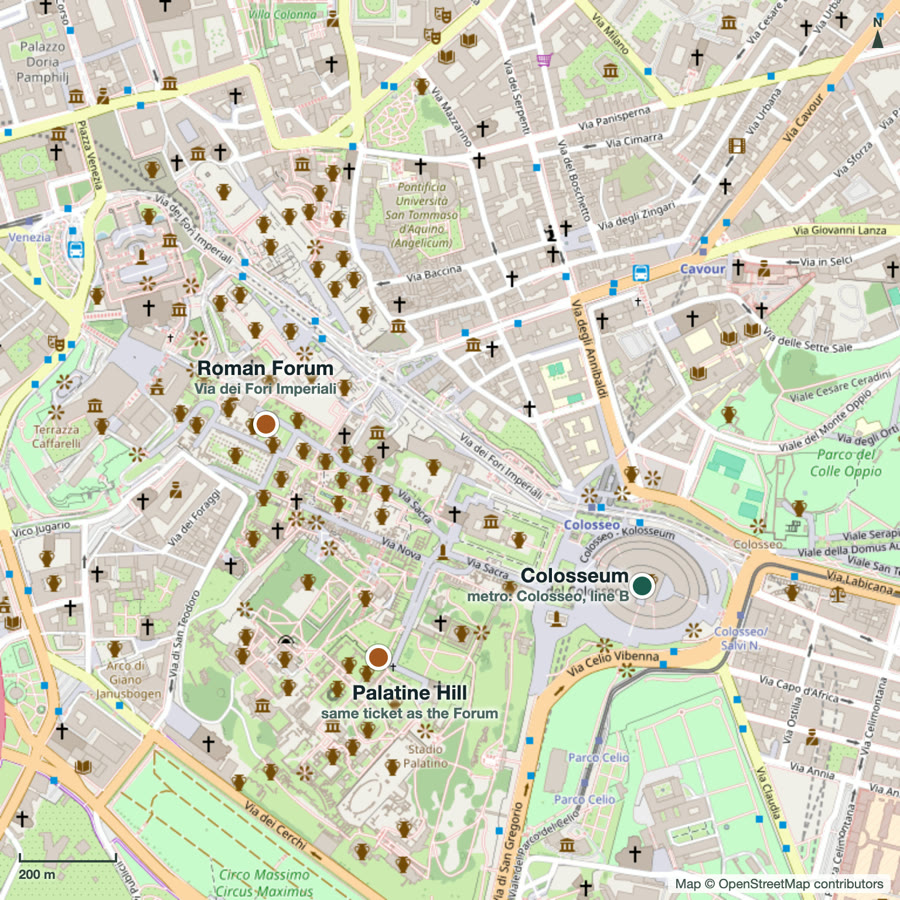 Street map of central Rome with the Colosseum east of the Roman Forum and Palatine Hill, a 200 metre scale bar and north arrow